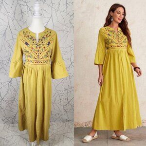 Emery Rose Yellow Floral Embroidered Empire Waist Maxi Dress